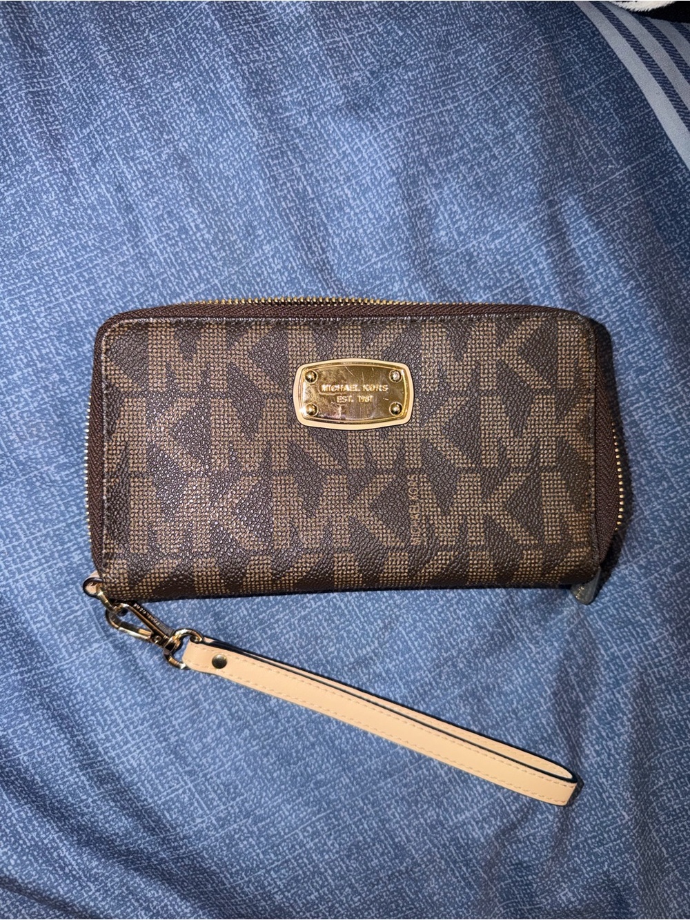 Michael Kors Brown Logo Zip Wristlet with Beige Strap